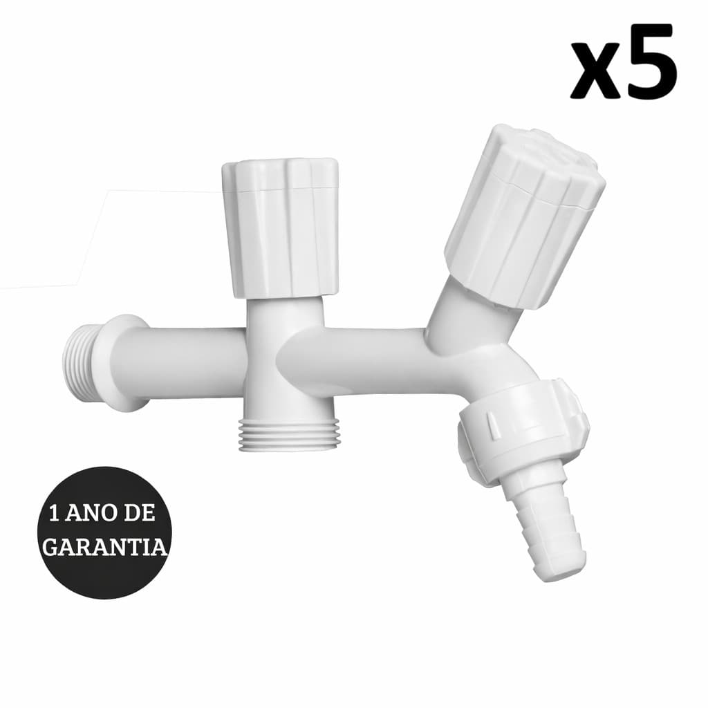 Kit 5 Torneira Para Tanque e Máquina 2 Saídas PP Branca 1/2" 3/4"