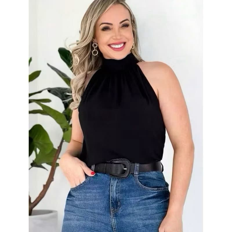 Blusa regata feminina gola alta franzido tecido duna