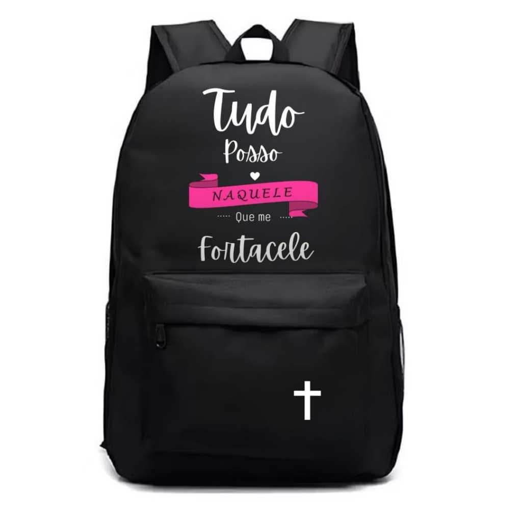 Mochila Estampada Tudo Posso Naquele Que Me Fortalece Lançamento Envio Imediato