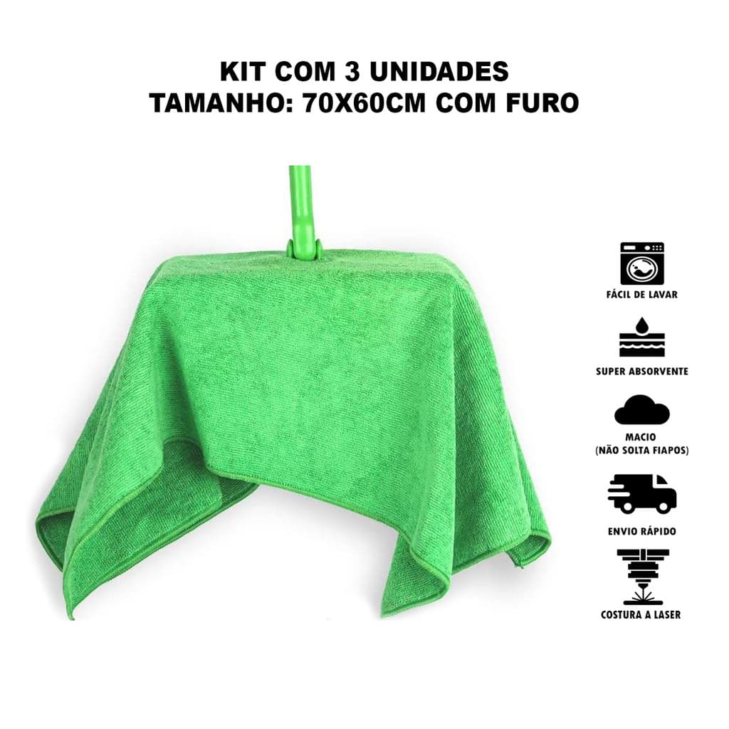 Kit 3 Panos de Chão Microfibra 70x60cm Furo para Rodo