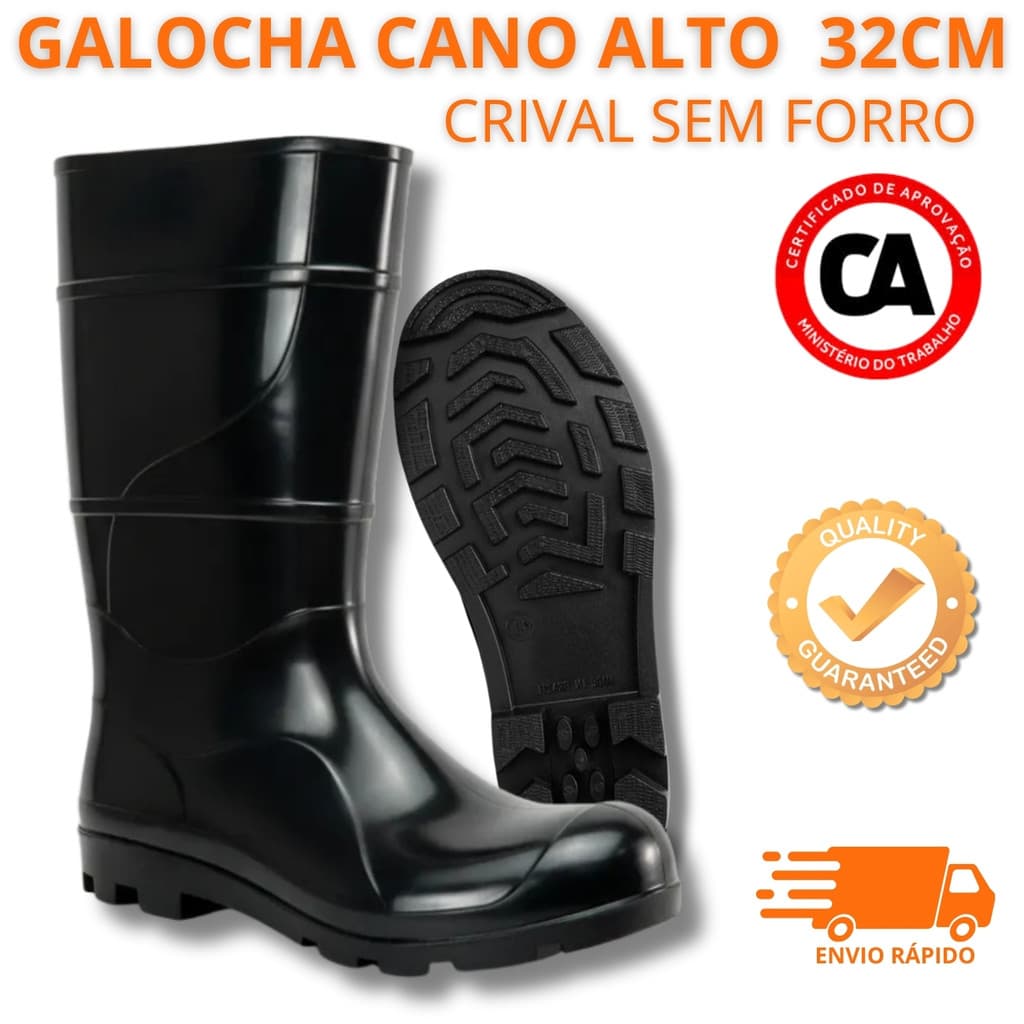 Bota PVC Galocha Cano Longo 32cm Impermeável EPI Segurança Industrial Sem Forro Unissex Chuva