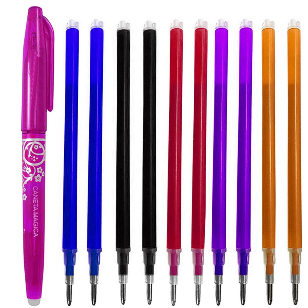 10 Refil Coloridos + Caneta Mágica Tecido Papel Apaga Calor