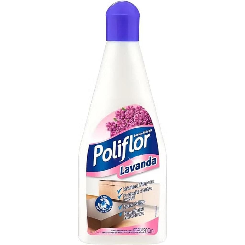 Lustra Móveis Poliflor Lavanda, Extra Brilho, Ideal Para Móveis, Pedras, Fogões e Geladeiras, 200ml.