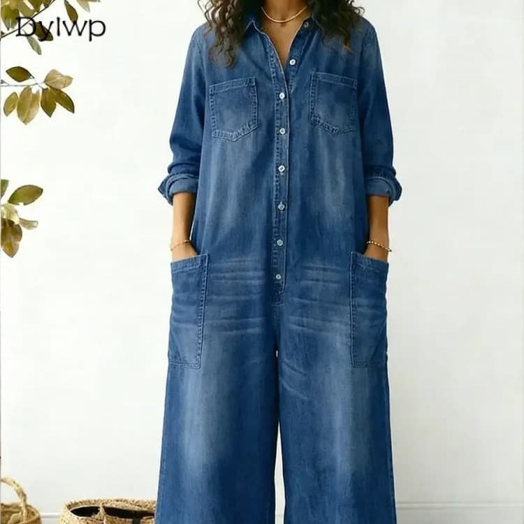 Macacão Jeans Feminino Estilo Camisa Único Breasted Solto Ajuste Casual Longo Com Bolsos