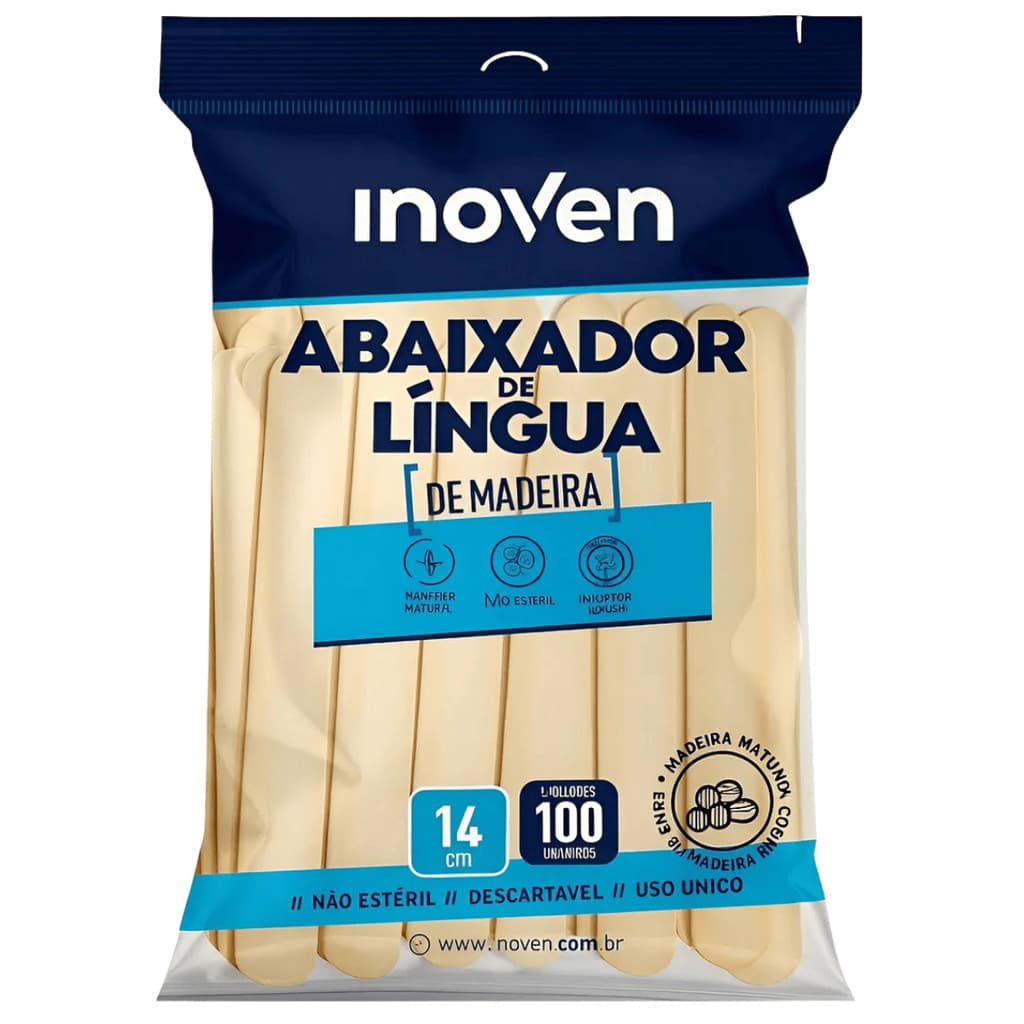 Abaixador de Língua em Madeira Inoven 100un - Palito Descartável para Odontologia Fonoaudiologia Exa
