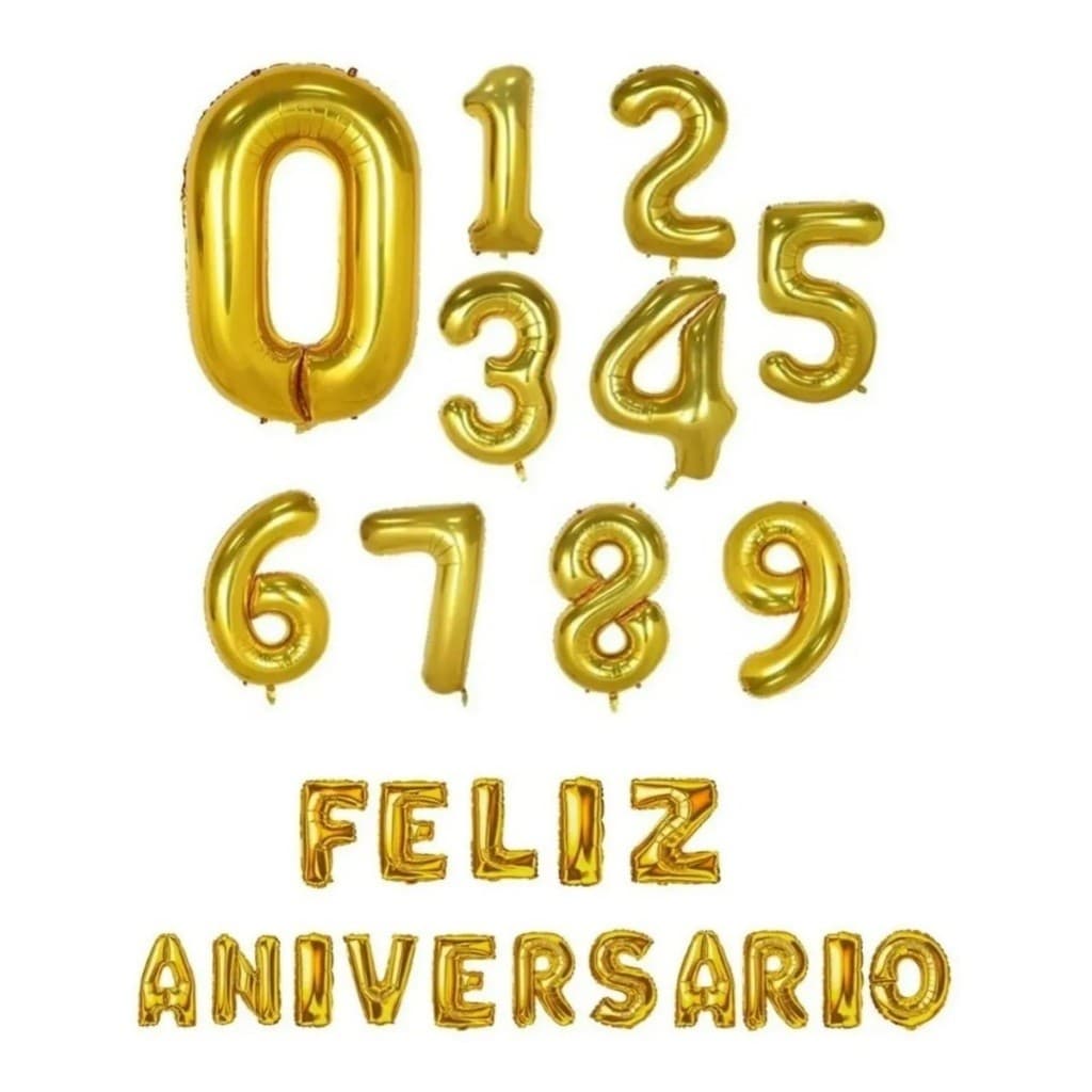 Kit Balões - Frase Feliz Aniversário + 2 Números 70cm-dourado/prata/azul/rosa