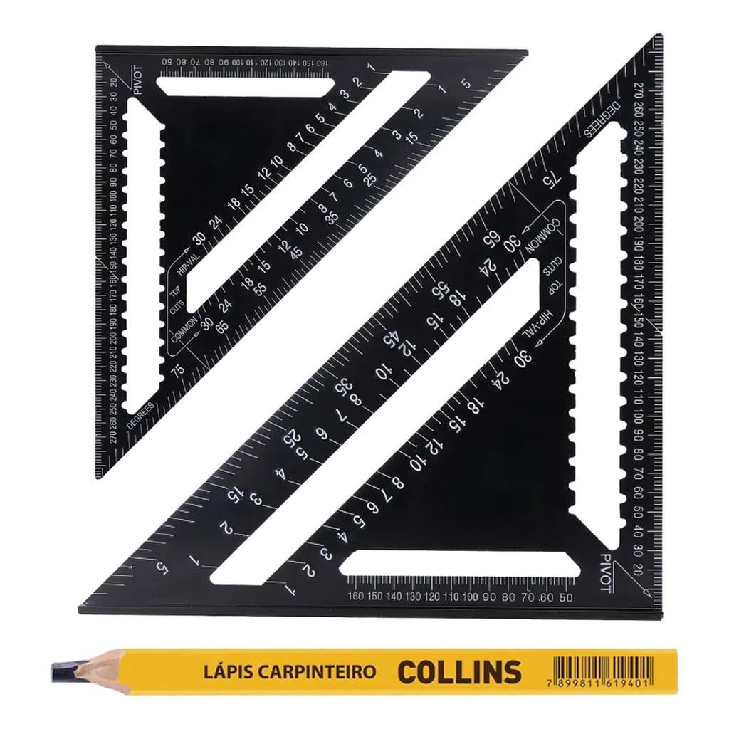 Kit Esquadro Triangular 30cm+18cm + Lápis Carpinteiro