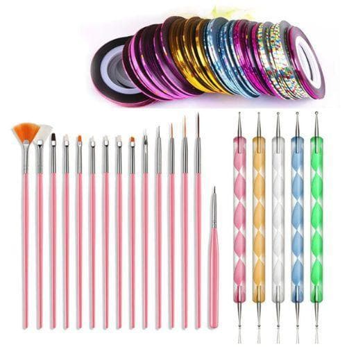 Kit Unhas 15 Pincéis + 10 Boleadores + 10 Fitas Metalizadas Nail Art Decoração