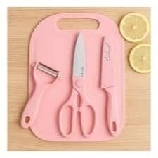 Kit 4 Utensílios Cozinha Conjunto Faca Inox Tesoura Descascador Tábua Corte Preparar Alimentos
