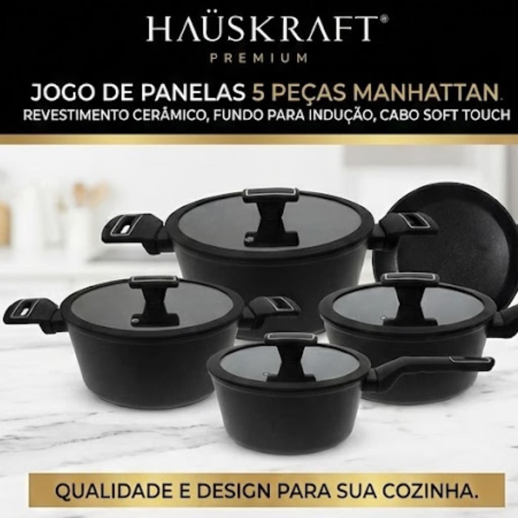 Jogo de Panelas 5 Peças Manhattan Revestimento Cerâmico Cabo Soft Touch  Hauskraft