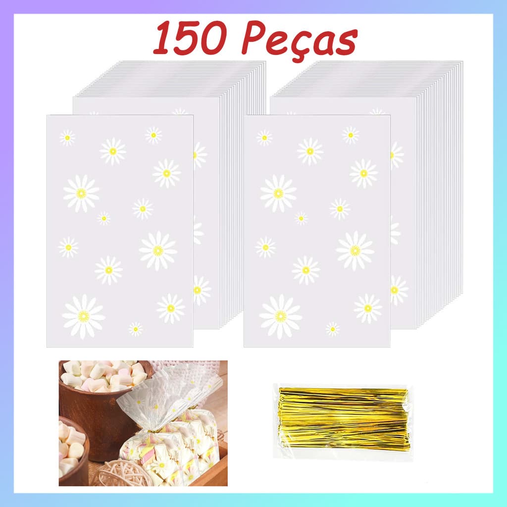 150 peças 23*15cm transparente Margarida saco de plástico com torção de Ouro Saco Do Presente,Saco de doces de lembrança