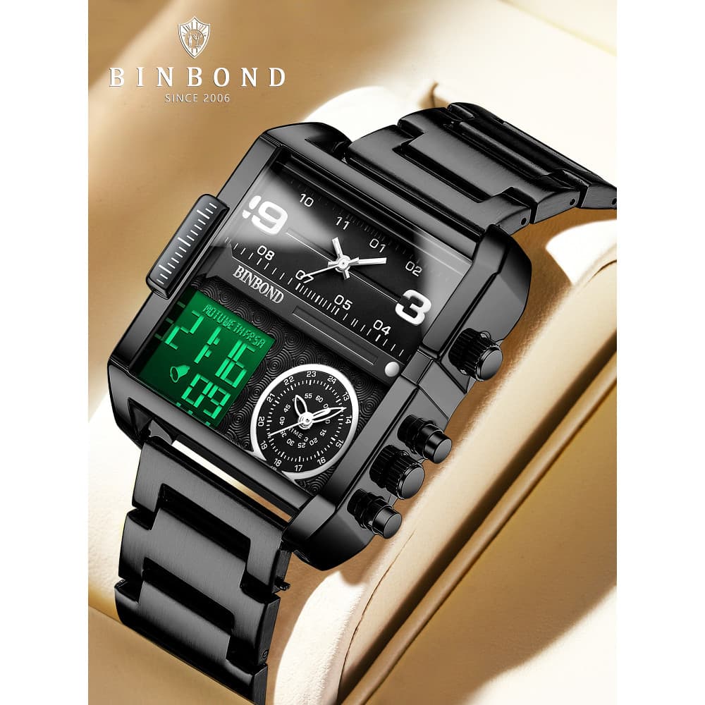 BINBOND Relógio eletrônico masculino à prova d'água moda negócios multifuncional calendário luminoso relógio de quartzo