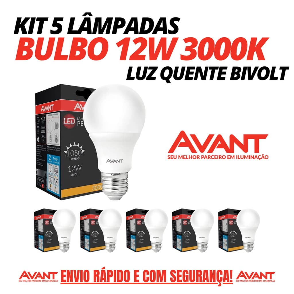 Kit 5 Lâmpadas Led Bulbo 12w Bivolt 3000k Branca Quente E27 Avant