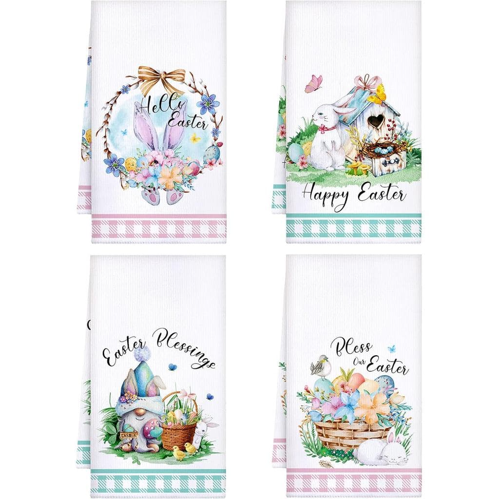 Conjunto de 4 Toalhas de Cozinha de Páscoa Kajaia com Estampas de Coelhinho, Gnomo, Flores de Primavera e Ovos, Toalhas