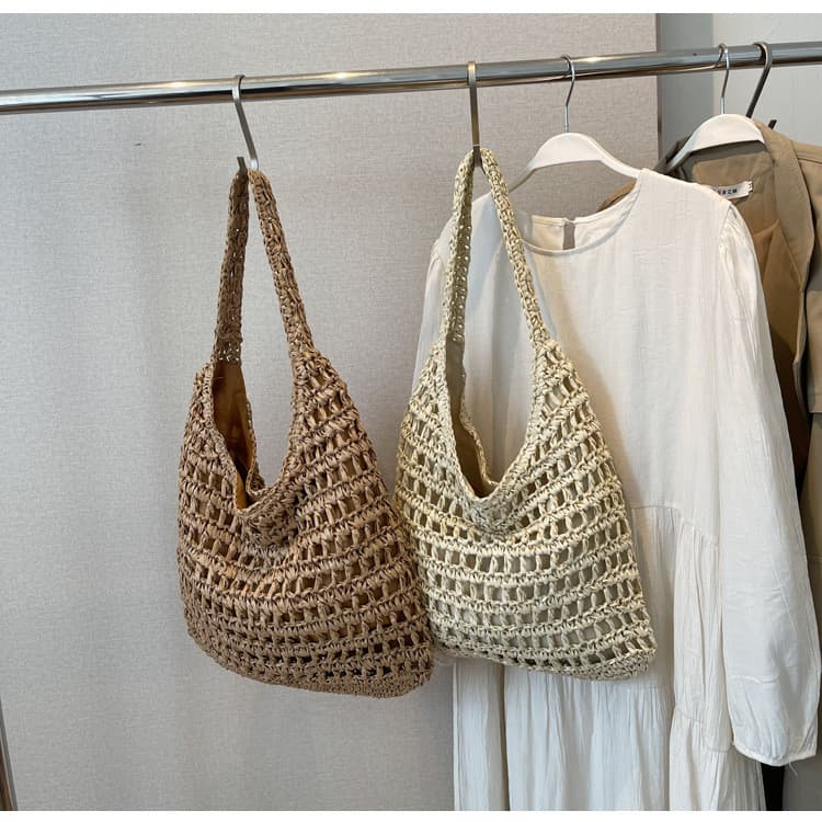 Estilo Casual cor sólida palha tecido saco feminino novo estilo de um ombro Tote tecido saco grande capacidade oco beira