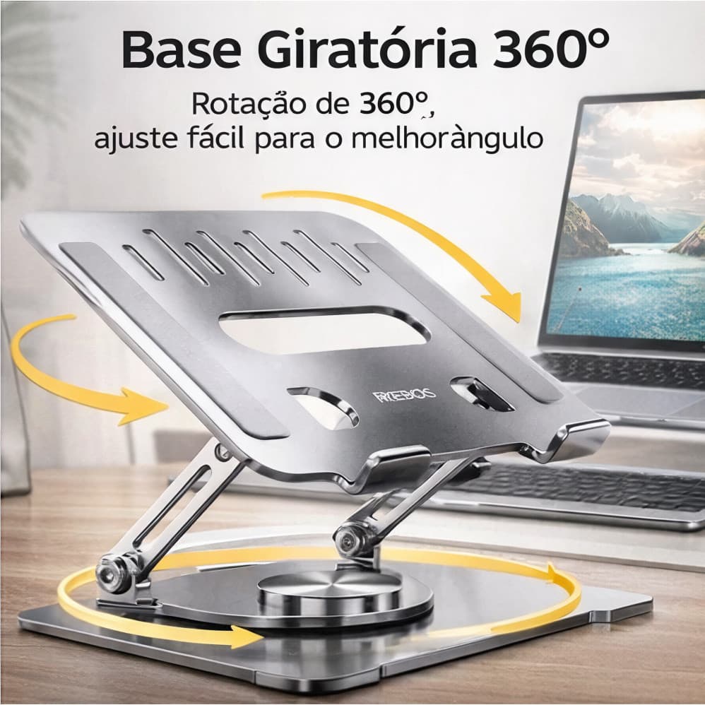 Suporte para Tablet - Alumínio Prata, 26cm, Altura Ajustável, Base Giratória 360°