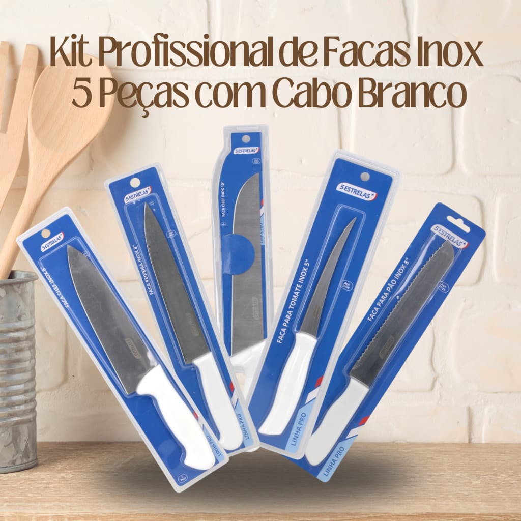 Kit Profissional de Facas Inox Linha Pro – 5 Peças com Cabo Branco para Cozinha Profissional e Doméstica