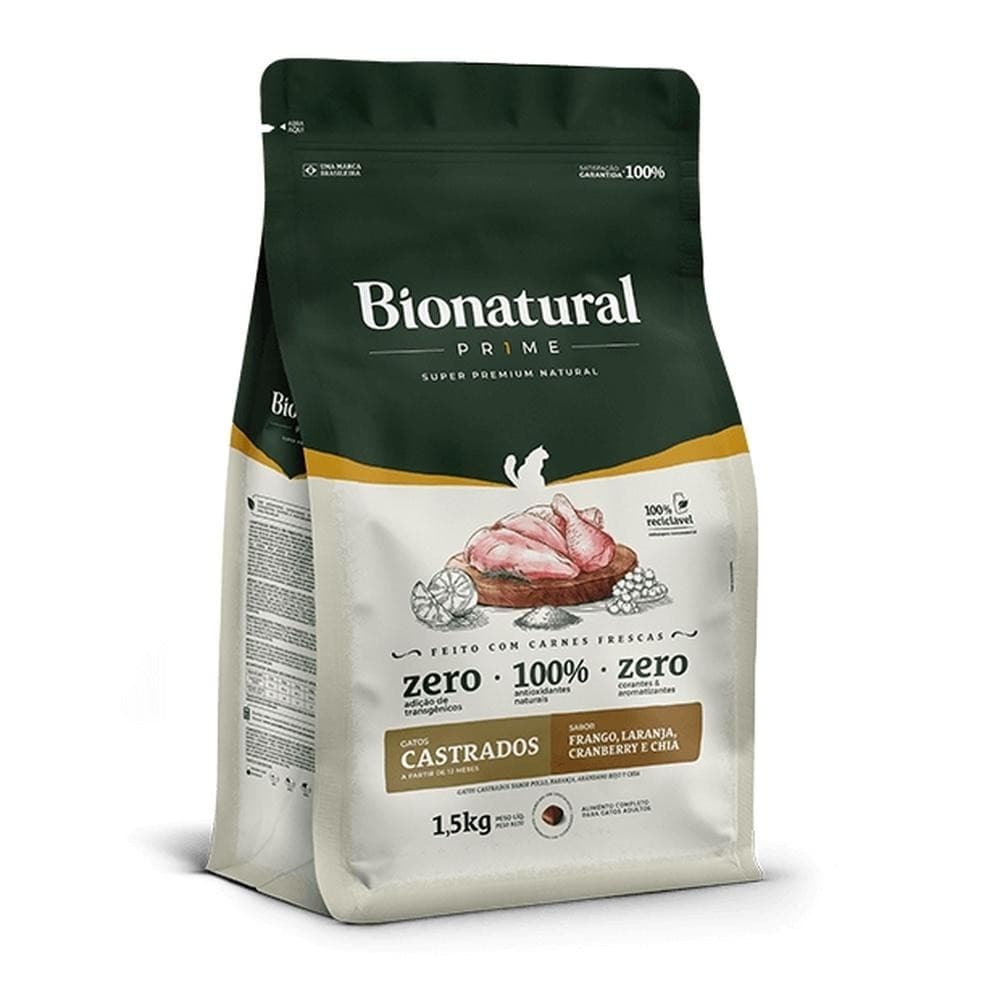Ração Gato Bionatural Prime 1,5Kg Castrados Frango, Laranja, Cranberry e Chia