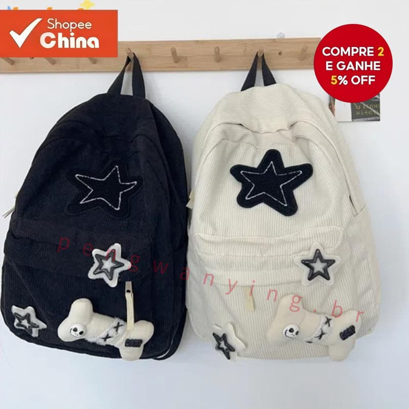 Mochila de Viagem BEOHESP, Mochila Ajustável para Estudantes Y2K de Veludo com Padrão de Estrela Grande Capacidade WGKC