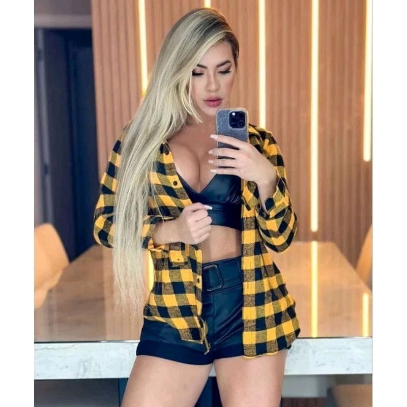 Blusa Xadrez Feminina Amarelo C/ Preto Sem Capuz Camiseta Flanelada Camisa Manga Longa