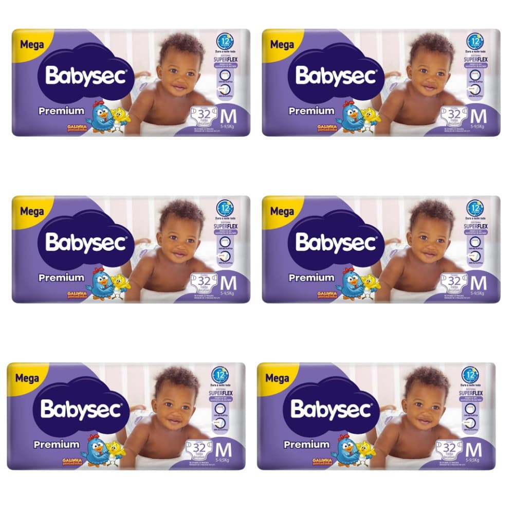 6x Fralda BabySec Premium Galinha Pintadinha Mega M 32 Unidades –Bebê sequinho por mais tempo