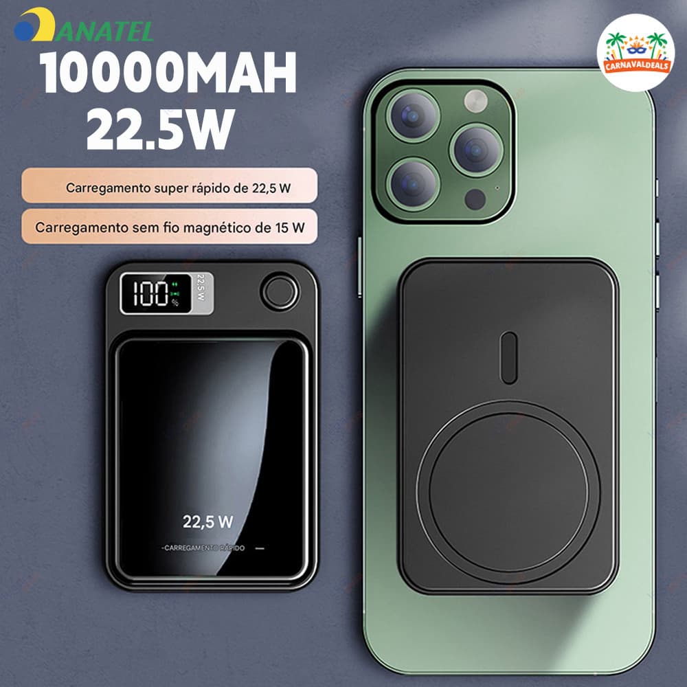 Bateria Portátil 10000mAh com Carregamento por Indução MagSafe e Tela LED, Compatível com iPhone e Android