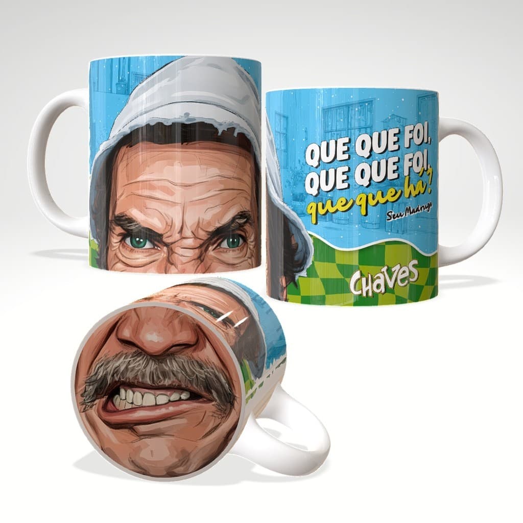 Caneca Seu Madruga Turma do Chaves Original Porcelana 325ml com Bocão com Frases Icônicas