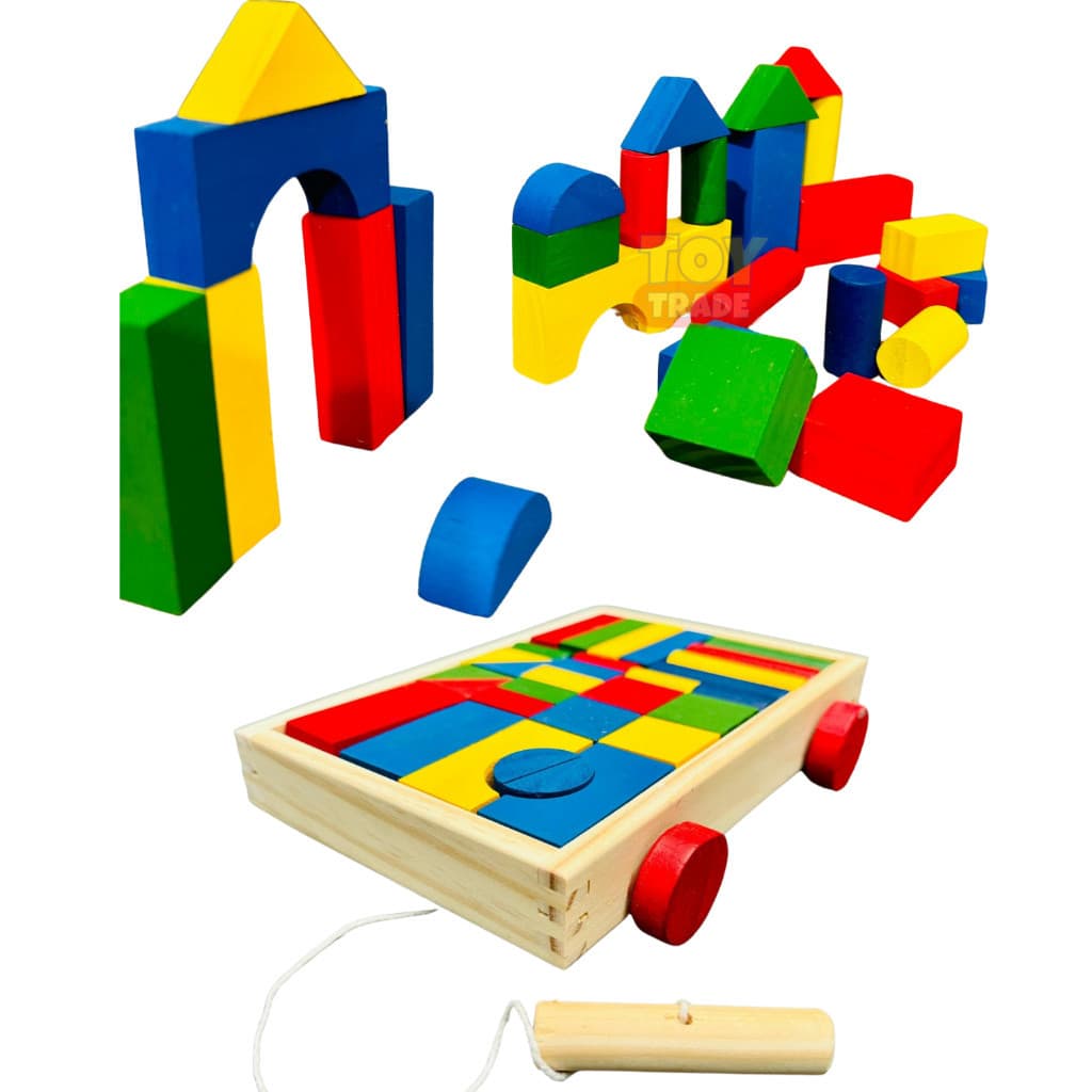 Carrinhos de Blocos em Madeira Colorida Educativo - Toy Trade Coordenação e Criatividade