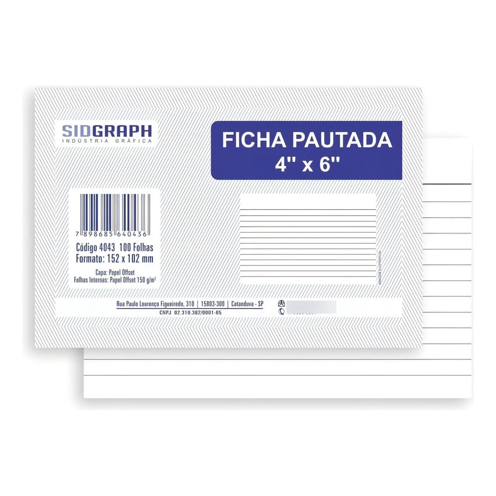 Bloco Ficha Pautada 4x6 Sidgraph R.4043 – 100 Folhas – Papel Offset 150g – Anotações e Registros