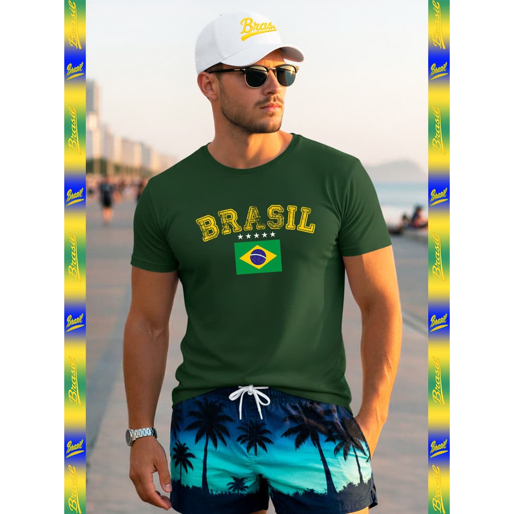 Kit Brasil Copa Masculino Camisa 100% Algodão + Boné Esportivo Patriótico