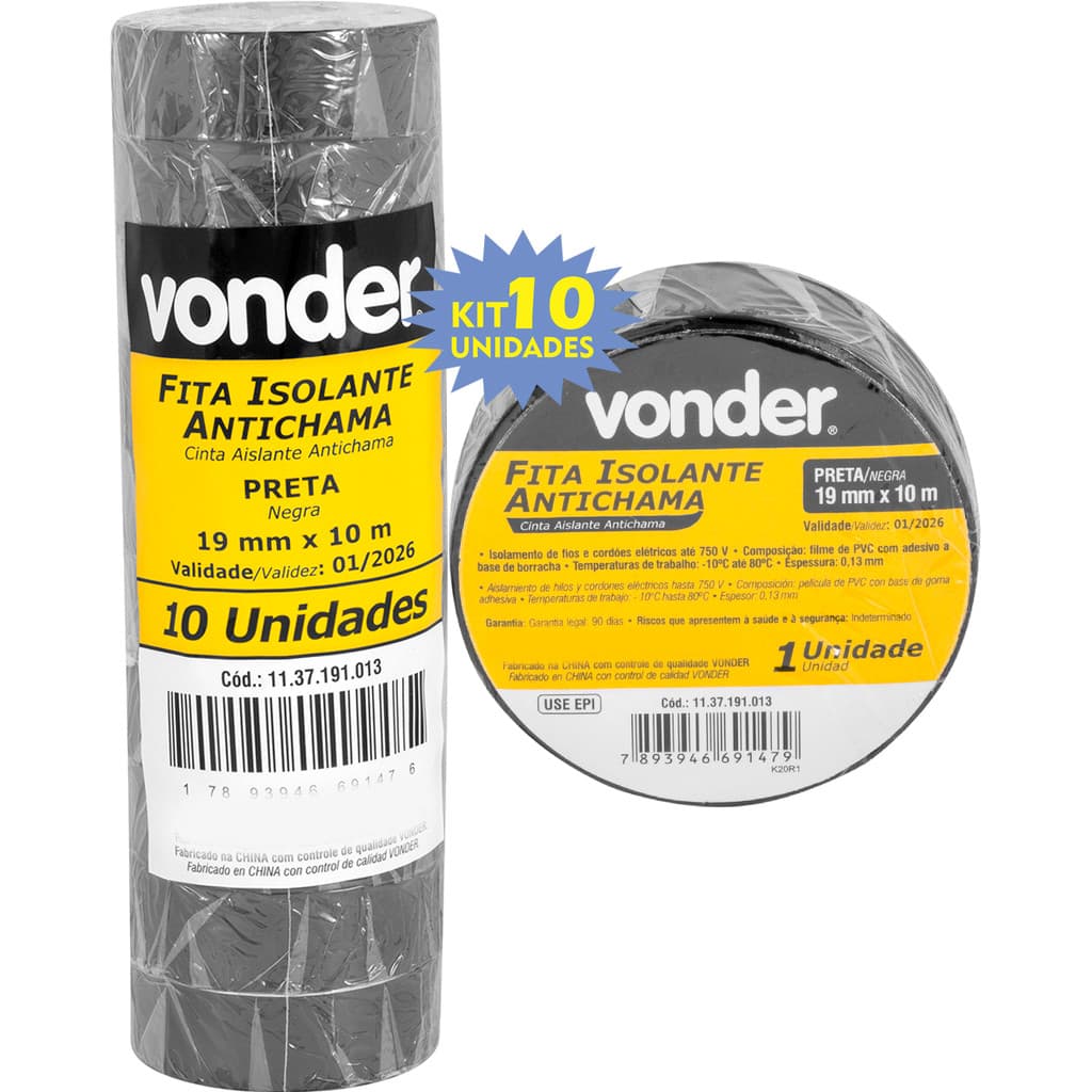 Kit 10 Fita Isolante Antichama Vonder 19mm 10m