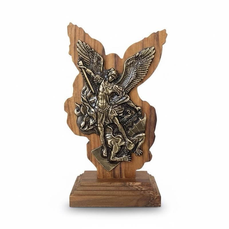 São Miguel Arcanjo Escultura Imagem Mesa Madeira Pinus Bronze Detalhes em Bronze e Madeira 16 cm