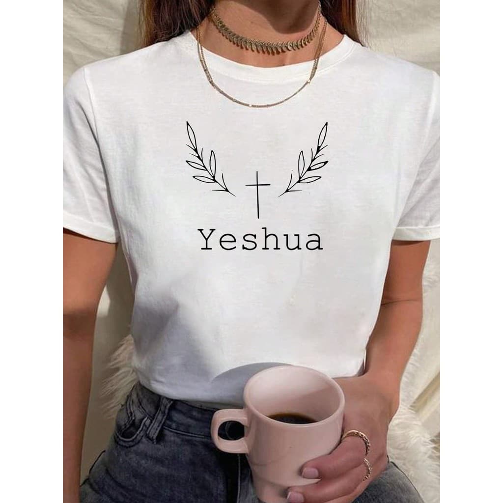 Camiseta Feminina Babylook T Shirt 100% Algodão Yeshua Jesus Flores Cruz