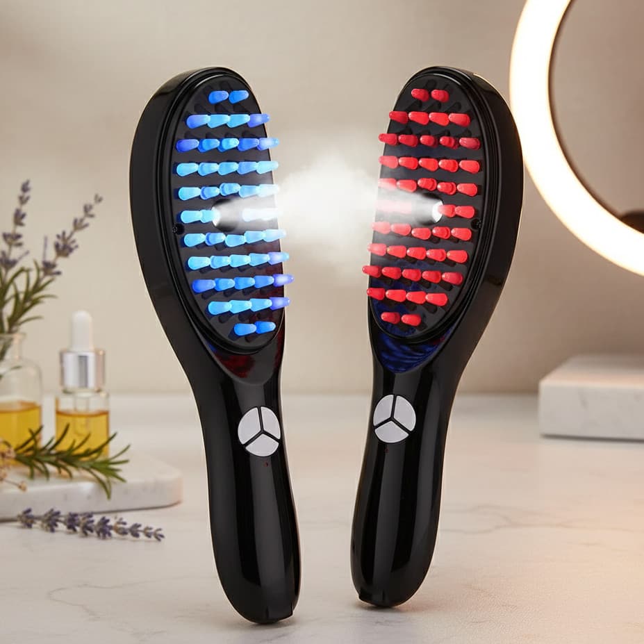 Massageador Capilar Sem Fio LED Azul Vermelho Escova Vibratória Estímulo Crescimento