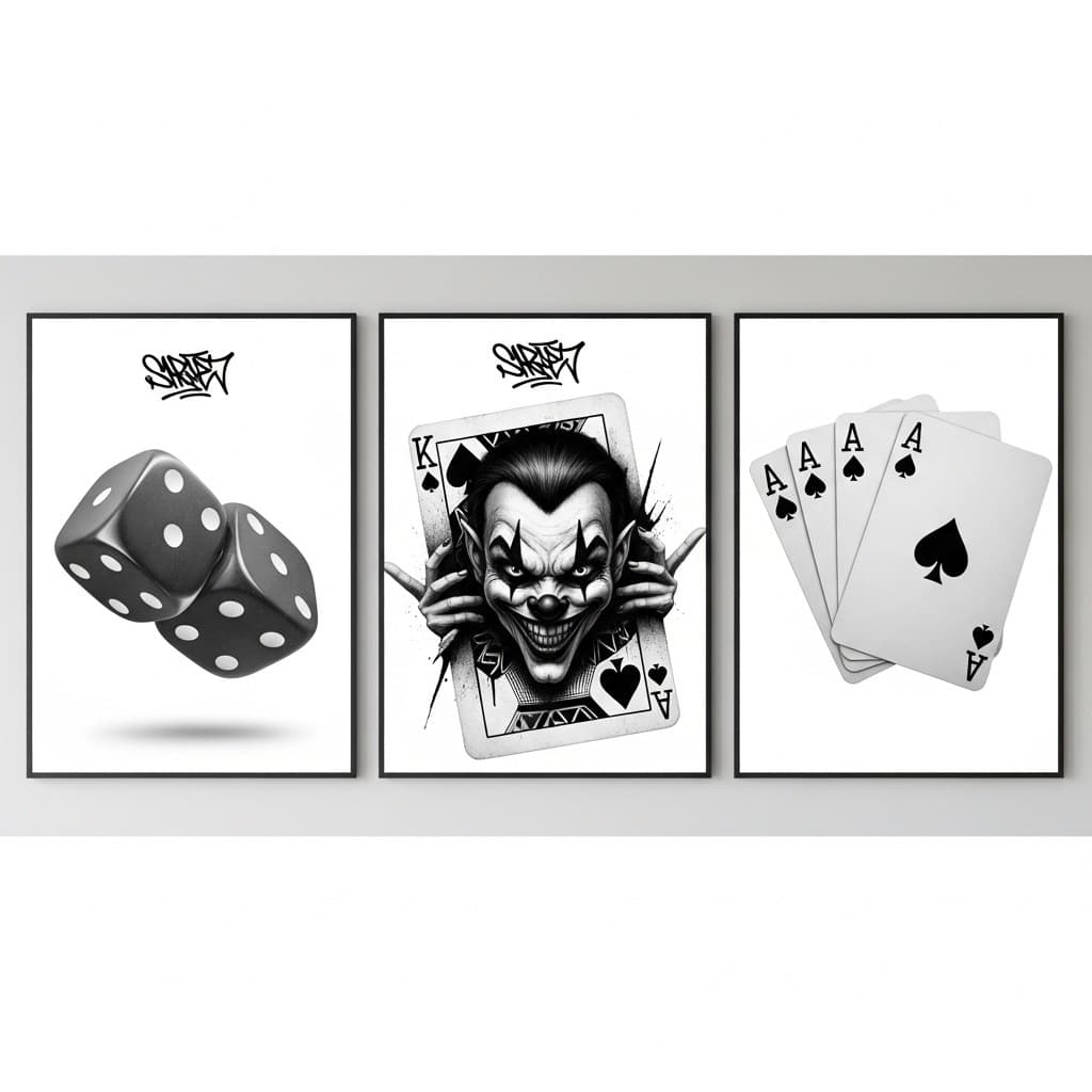 KIT 3 QUADROS DECORATIVOS PREMIUM – ESTILO STREET / CASSINO PRETO E BRANCO JOKER DADO E BARALHO