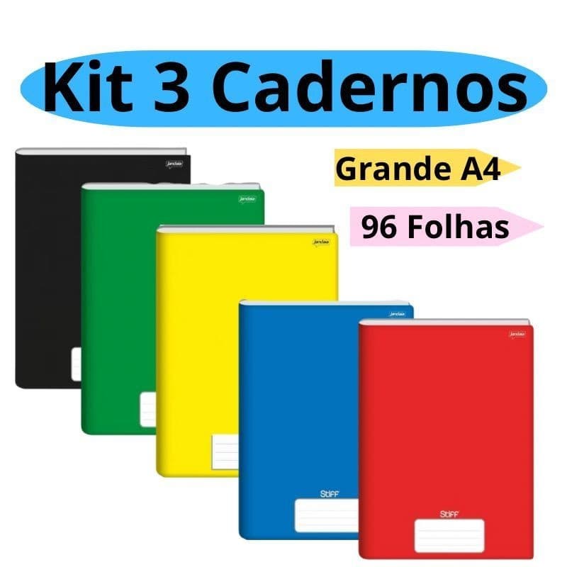Kit 3 Cadernos Brochura Grande A4 96 folhas Capa Dura Papelaria Brochurao Escolar Infantil Credeal