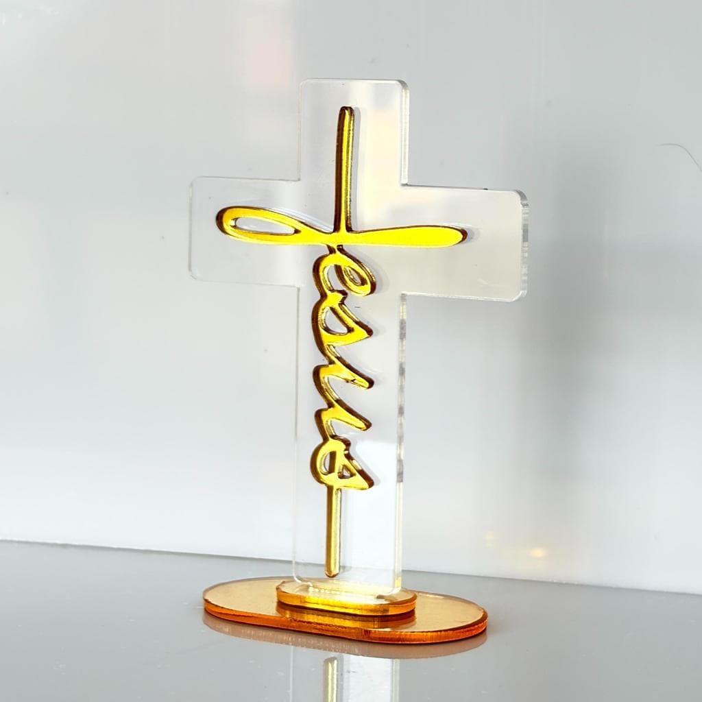 Cruz Cristã em Acrílico Espelhado Premium com Nome Jesus – Decoração Religiosa Fé