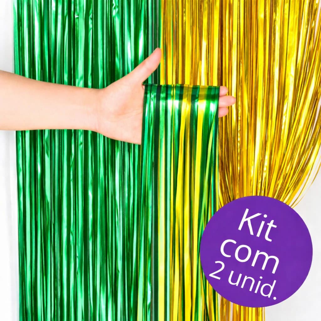 Kit Cortina Verde e Amarela Brasil Metalizada Franjada Festa Carnaval Copa do Mundo 2026 Decoração Para Copa