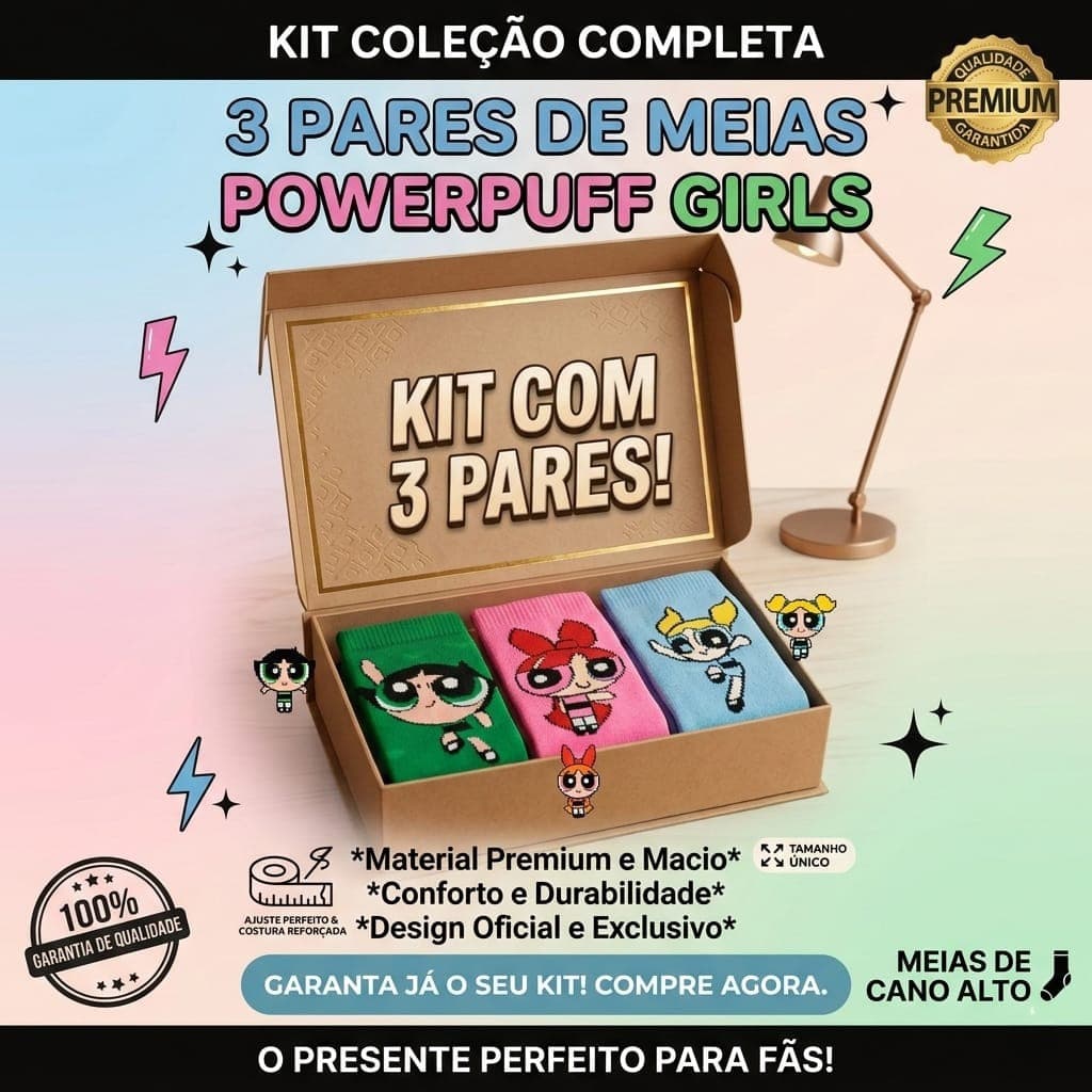 kit de 3 Pares de Meia Cano Longo Meninas Super Poderosas Promoção