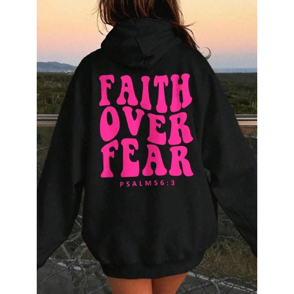 Moletom Canguru Faith Over Fear (COSTAS) PINK Com Capuz E Bolso Casaco Feminino Masculino Flanelado Unissex Inverno