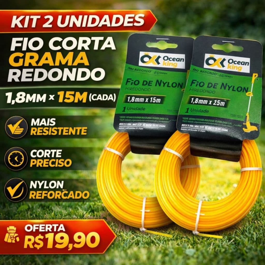 Kit 2 Fio Corta Grama 1.8mm 15m Nylon Redondo Aparador Roçadeira