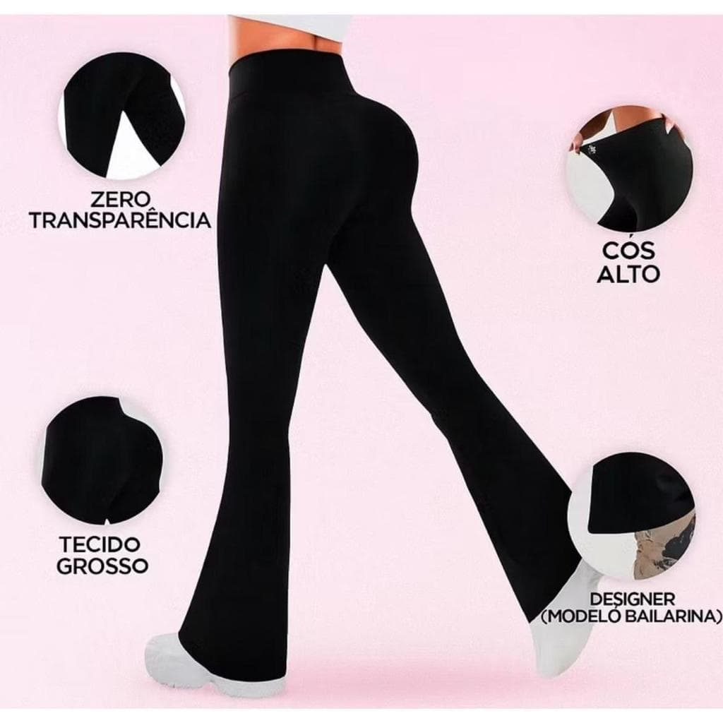 Calça flare bailarina, cós alto, na cor preta.
