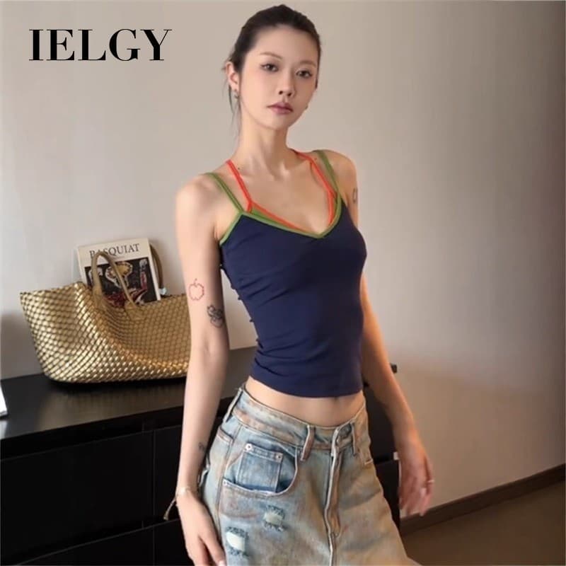 IELGY Contraste Cor Alça de Ombro Dupla Costura Camisola Desgaste Exterior Com Almofada no Peito Design Top Sem Mangas