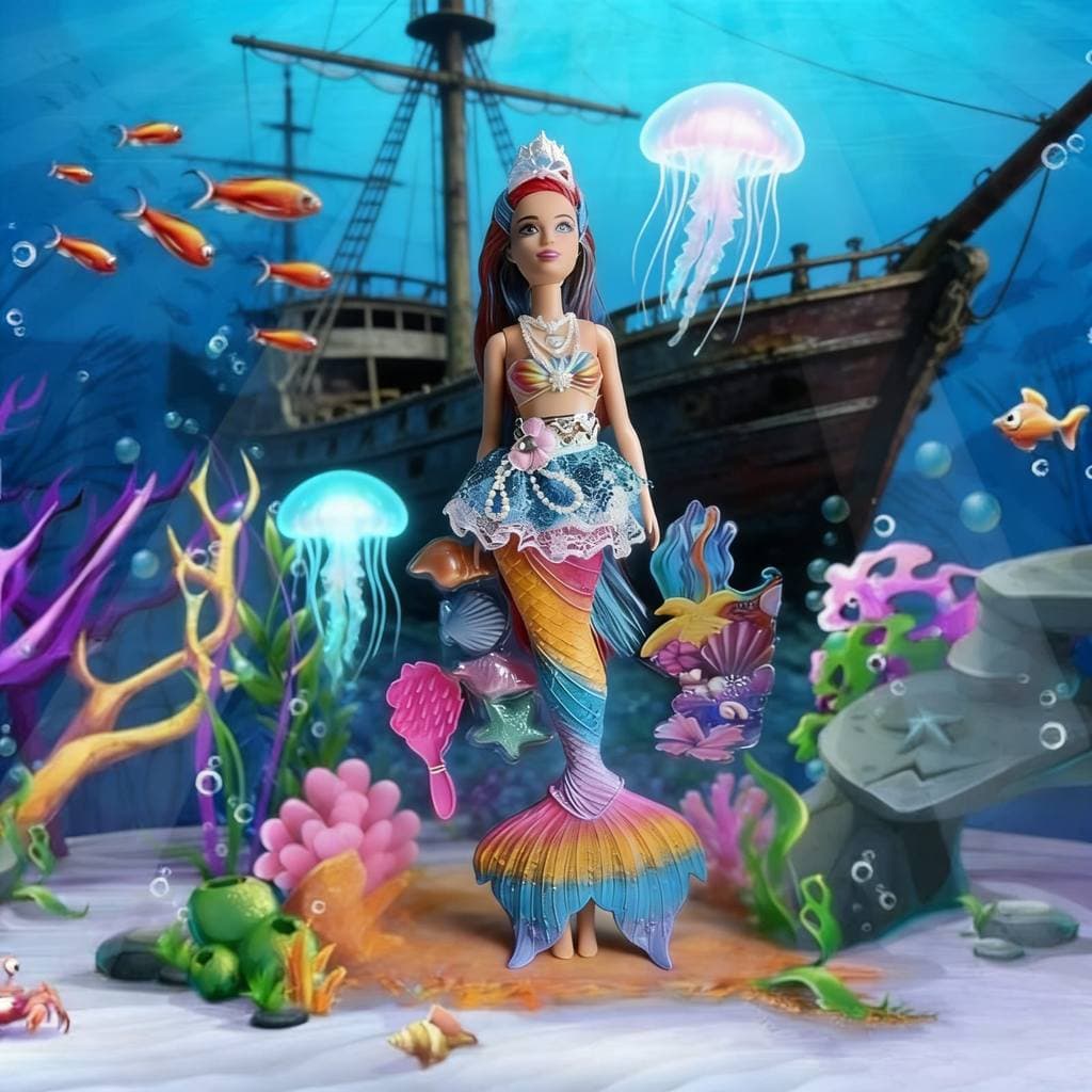 Boneca Brinquedo de Sereia Princesa com Luz Led e Som Musica com Cauda Arco Iris