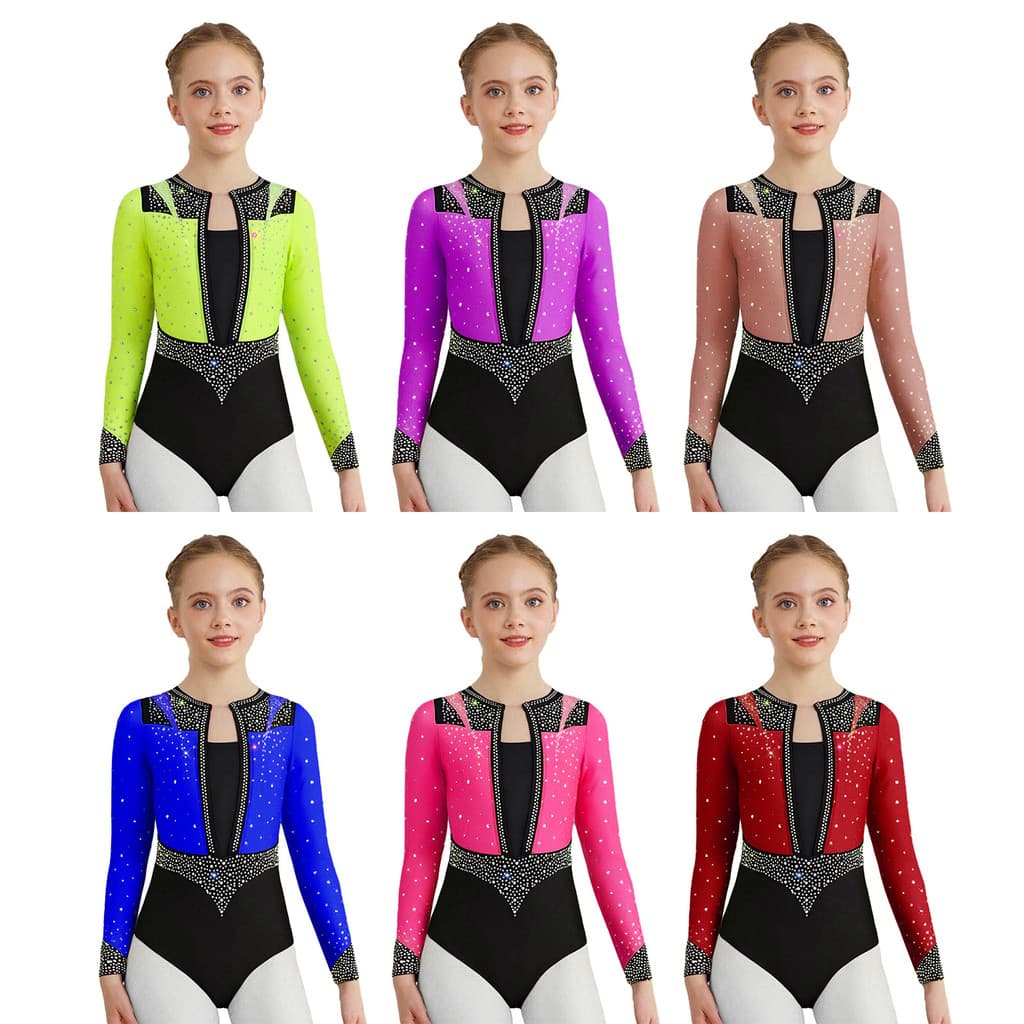 Aislor Crianças Meninas Strass Brilhantes Ginástica Collant Manga Longa Buraco De Fechadura Volta Patinação Artística Bo