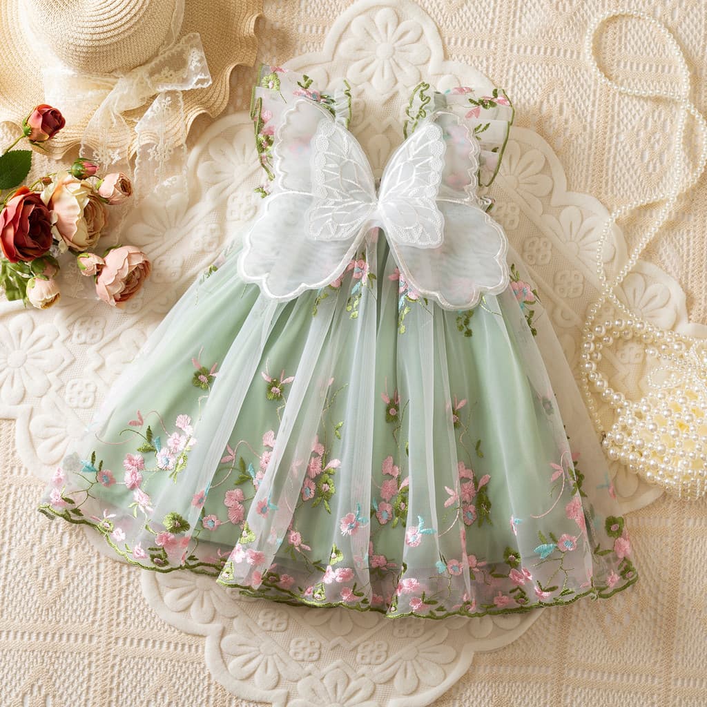 Menina 9 Meses-3 Anos De Idade Verde Floral Bordado Tule Vestido Asas Borboleta Verão Novo Estilo De Festa De Aniversári