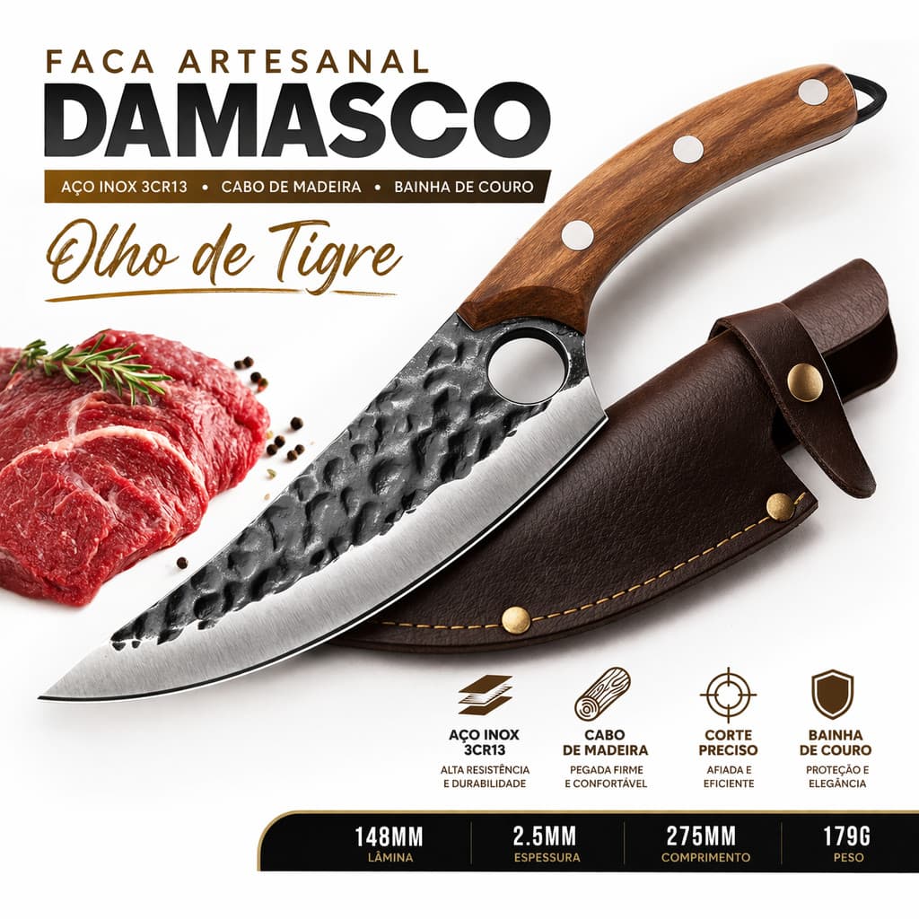 Faca Artesanal Damasco Aço Inox 3Cr13 Cabo Madeira com Bainha Couro Faca de Caça Churrasco