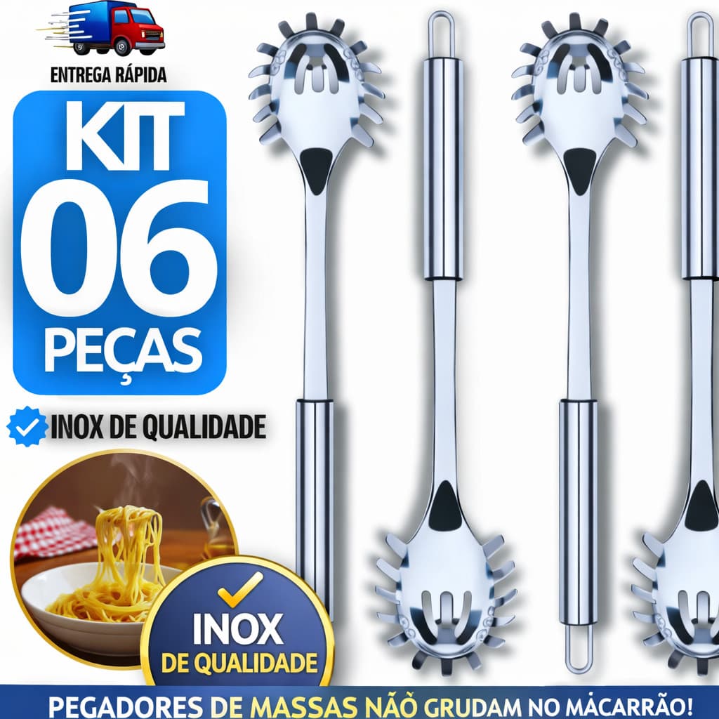 Conjunto 6 Pegadores de Massa para Macarrão Grande Alça Utensilios de Cozinha de 31,5cm Aço Inox Pegadores