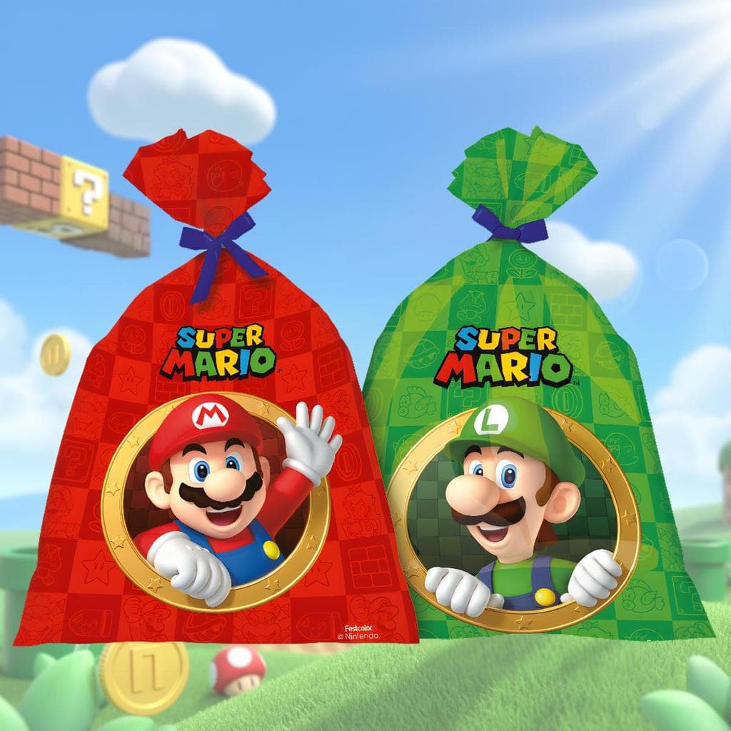 Kit Sacolinha Super Mario Lembrancinha com Laço Festa Aniversário Infantil