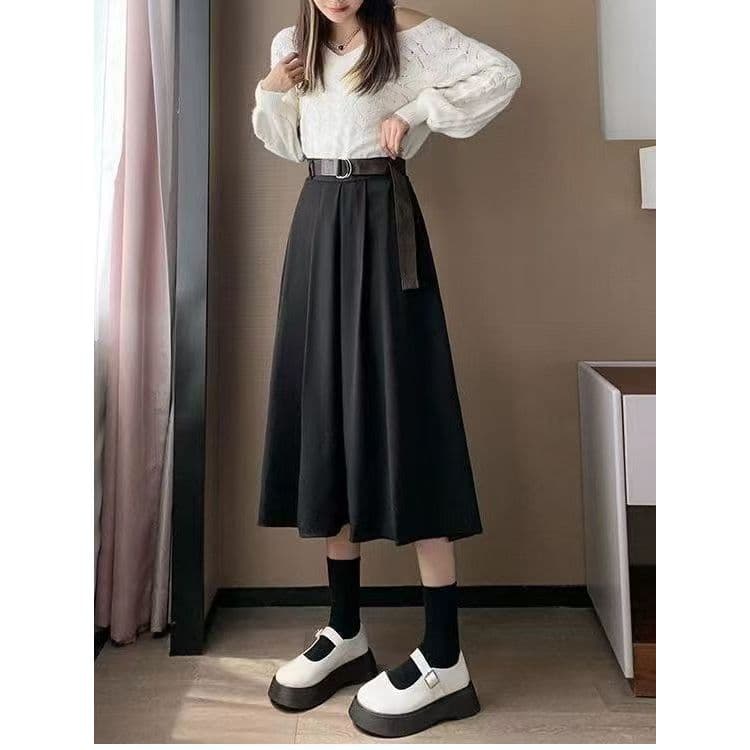 High-End preto terno saia feminina verão estilo Preppy tamanho grande solto saia plissada comprimento médio cintura alta